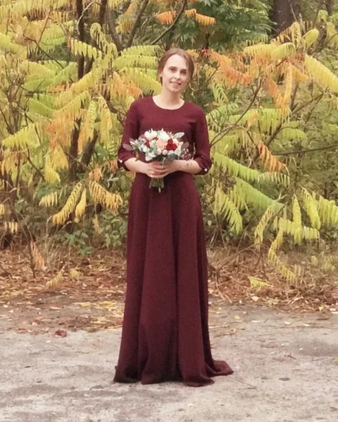 Lowest Prices Burgundy Bridesmaid Dresses 3/4 Sleeves Long Dress With Sweep Train