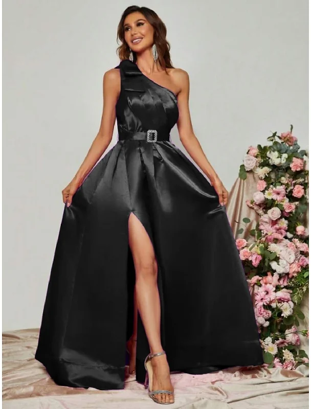 Midnight Madness A-Line Evening Gown Party Dress Formal Fall Floor Length Sleeveless One Shoulder Satin with Pleats Slit Strappy Midnight Madness A-Line Evening Gown Party Dress Formal Fall Floor Length Sleeveless One Shoulder Satin with Pleats Slit Strappy