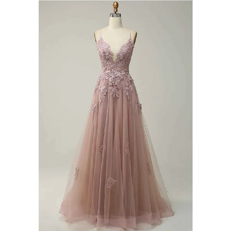 Today Only A Line Thin Shoulder Strap Pink Long Decal Prom Dress