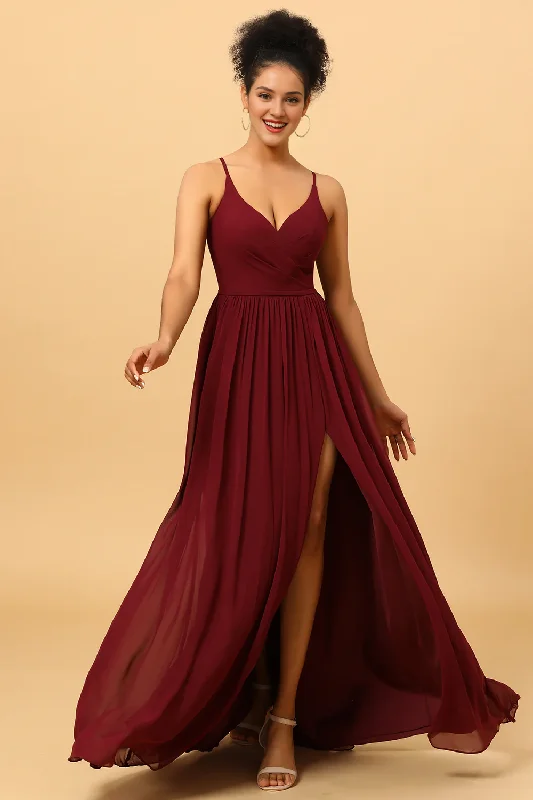 Can't Be Beat Wine red A-line thin shoulder strap pleated long slit chiffon bridesmaid dress