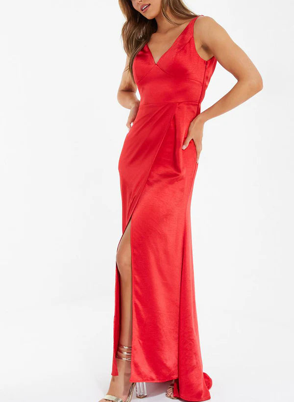 Weekend Deal Sheath/Column V-Neck Floor-length Satin Bridesmaid Dresses With Split Side