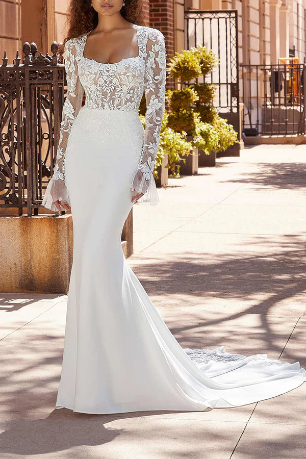 Value Deals Fishtail Wedding Dress Square Neck Long Sleeve Bohemian Style Wedding Dress Value Deals Fishtail Wedding Dress Square Neck Long Sleeve Bohemian Style Wedding Dress