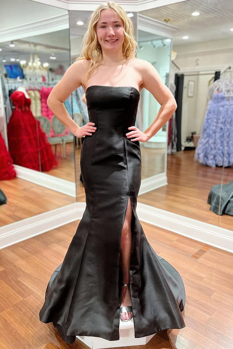 Crazy Deals Black Strapless Satin Mermaid Prom Dress with Slit
