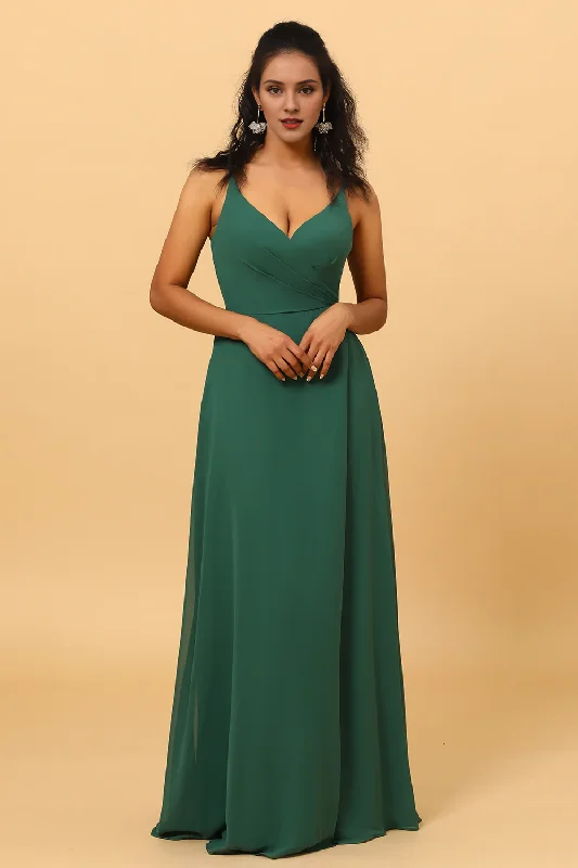 Savings Galore Deep green A-line V-neck and floor length chiffon bridesmaid dress