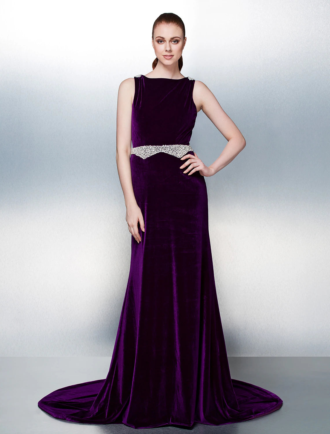 Huge Savings A-Line Open Back Formal Evening Dress Bateau Neck Sleeveless Court Train Velvet with Sash / Ribbon Pearls Beading