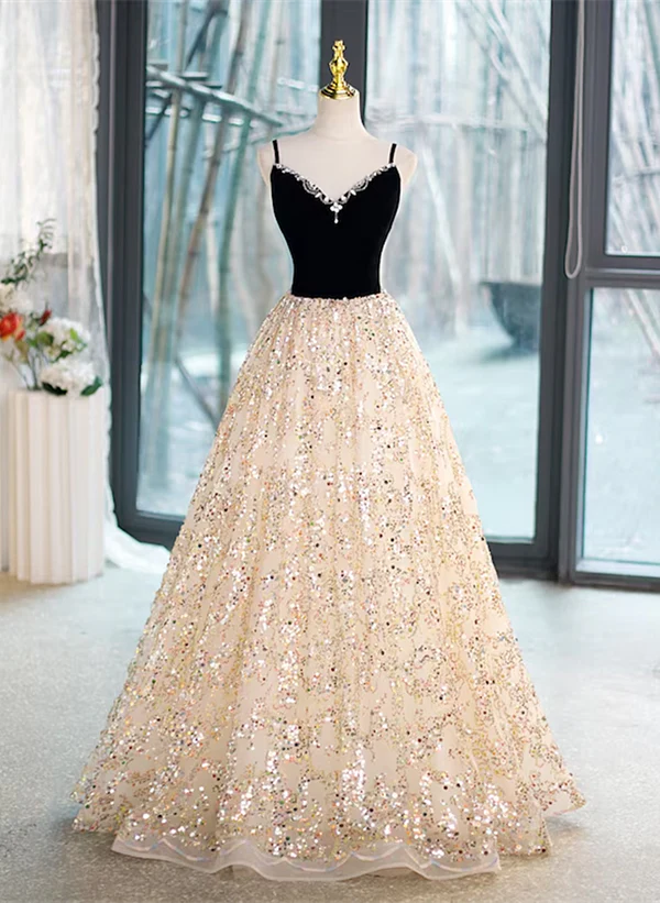 Steals and Deals Sequins/Sparkling Light Champagne Beaded V-neckline Ballgown Straps Long Prom Dress