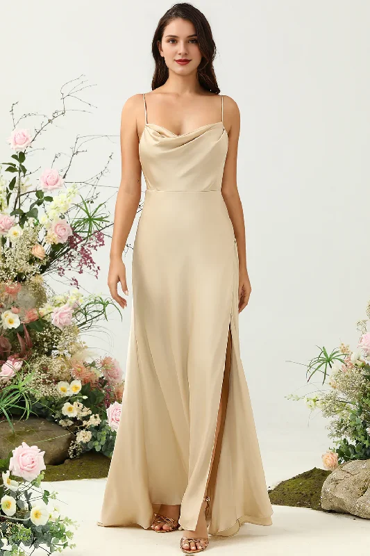 Today Only Champagne A-line Wind Neck Thin Shoulder Strap Split Satin Bridesmaid Dress Today Only Champagne A-line Wind Neck Thin Shoulder Strap Split Satin Bridesmaid Dress