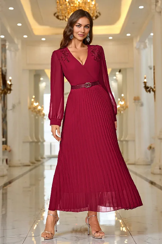 Weekend Flash Sale A Line V Neck Pleated Appliques Belted Formal Prom Dress with Long Sleeves