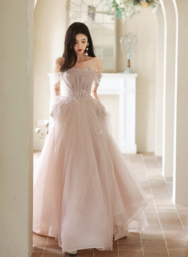 Online Only A-Line Princess Pink Off Shoulder Tulle Long Formal Off Shoulder Pink Long Prom Dress
