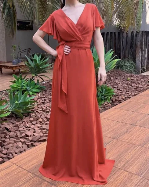 Exclusive Preview A-Line V-Neck Terracotta Chiffon Bridesmaid Dresses With Sleeve