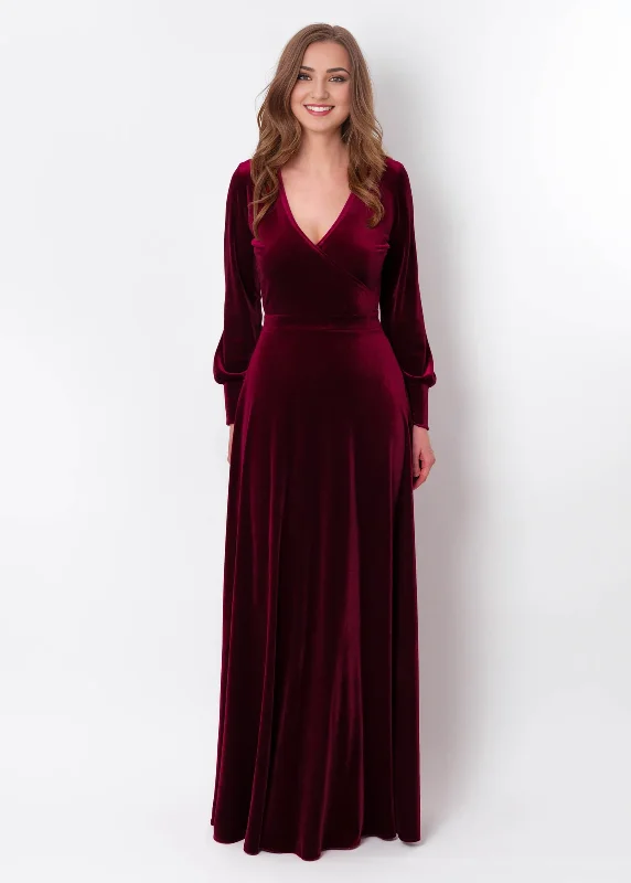 Early Access Burgundy Winter Velvet Long Dress Long Sleeves Bridesmaid Dress Wedding Guest Dress