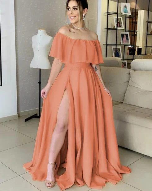 Deal Dash Ruffle Shoulder Split Chiffon Bridesmaid Dresses Floor-length Prom Dresses Deal Dash Ruffle Shoulder Split Chiffon Bridesmaid Dresses Floor-length Prom Dresses