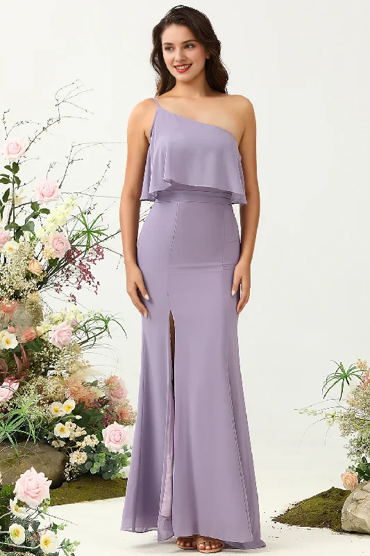 Super Sale Purple fish tail shoulder lotus leaf edge chiffon bridesmaid dress