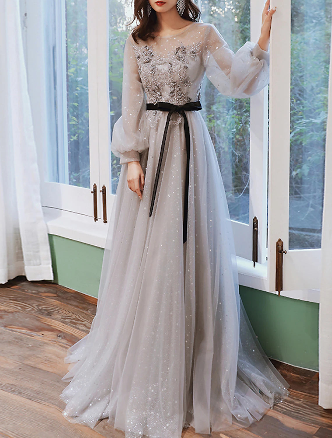 Don't Wait A-Line Prom Dresses Floral Dress Wedding Guest Engagement Sweep / Brush Train Long Sleeve Jewel Neck Tulle with Appliques