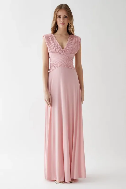 Savings Event Pleat Bodice Jersey A-line Sleeveless Floor-length Bridesmaids Dress Wedding Guest Dresses