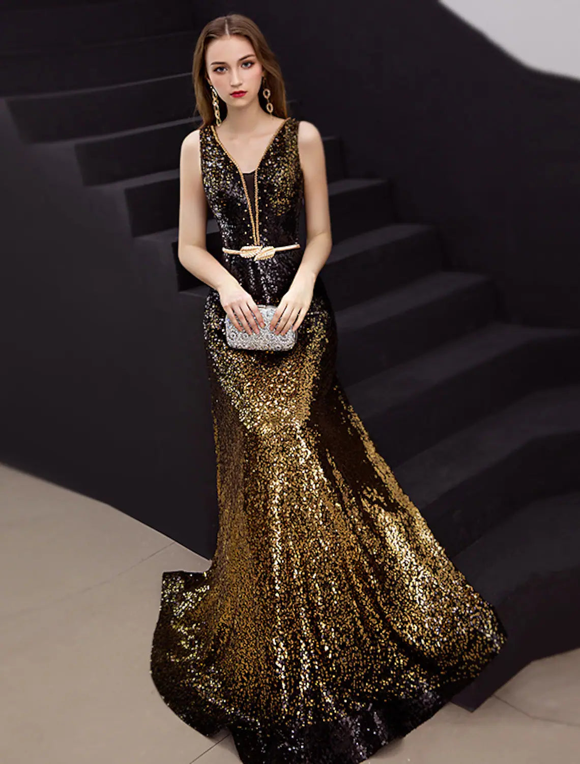 Year-End Sale A-Line Minimalist Elegant Party Wear Formal Evening Dress V Neck Sleeveless Floor Length Satin with Sequin Year-End Sale A-Line Minimalist Elegant Party Wear Formal Evening Dress V Neck Sleeveless Floor Length Satin with Sequin