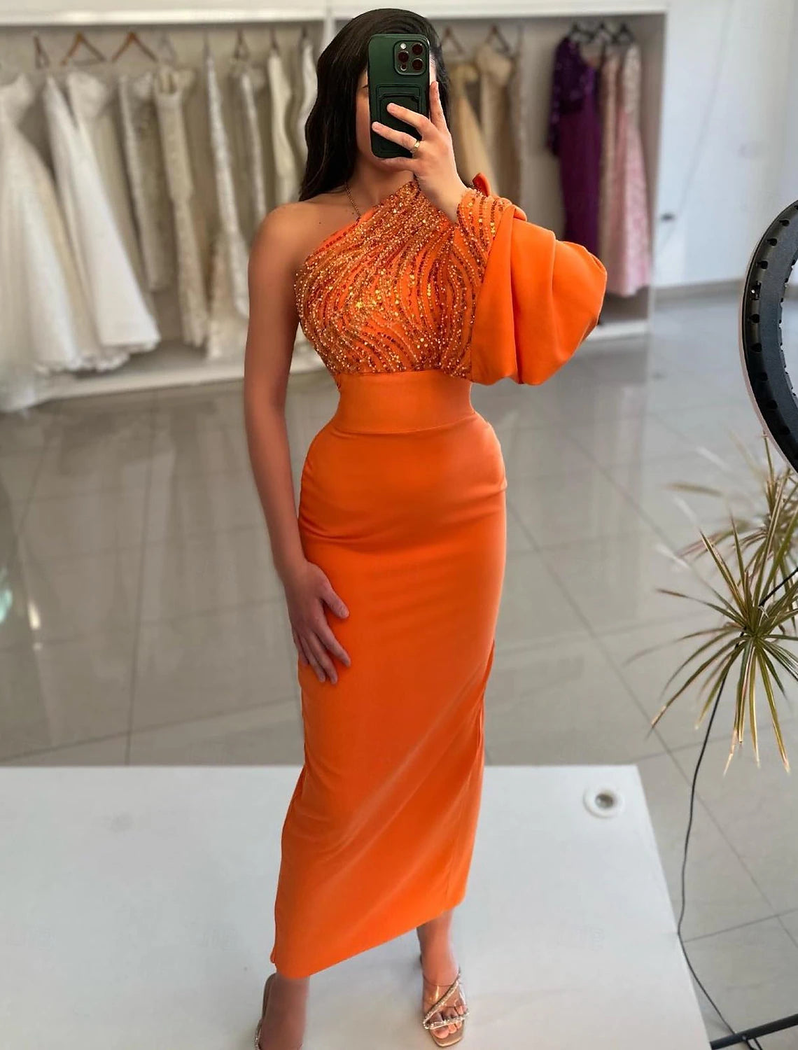 Closeout Sheath / Column Evening Gown Formal Prom Floor Length Long Sleeve One Shoulder Satin with Crystals Sequin Closeout Sheath / Column Evening Gown Formal Prom Floor Length Long Sleeve One Shoulder Satin with Crystals Sequin