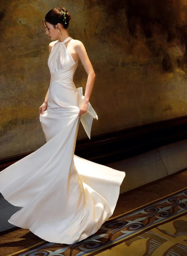 Factory Direct Sale Simple White Halterneck Satin Long Party Dress Prom Dress Floor-length Evening Dress
