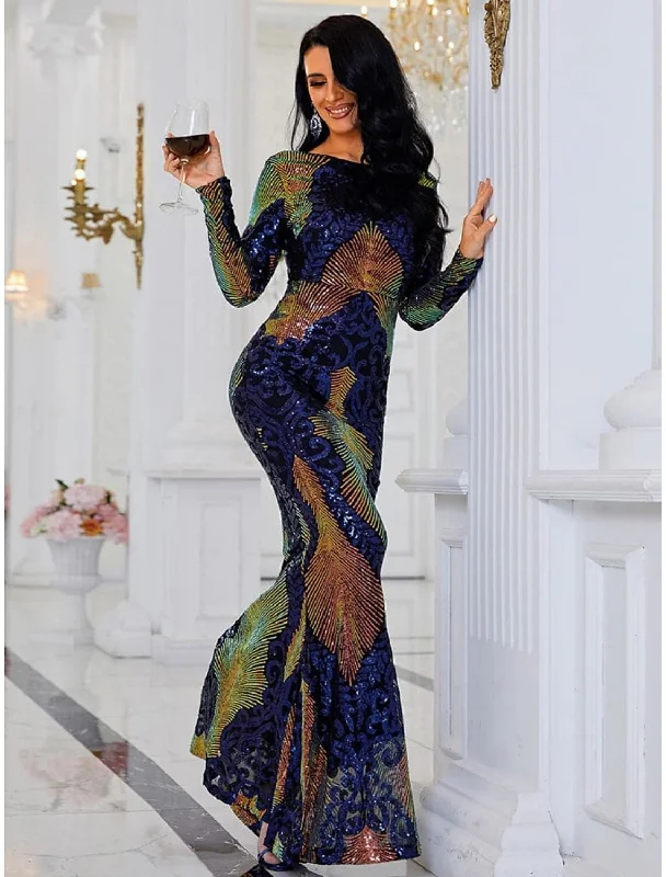 Loyalty Reward Mermaid / Trumpet Evening Gown Elegant Dress Formal Sweep / Brush Train Long Sleeve Scoop Neck Sequined with Glitter Pleats Loyalty Reward Mermaid / Trumpet Evening Gown Elegant Dress Formal Sweep / Brush Train Long Sleeve Scoop Neck Sequined with Glitter Pleats