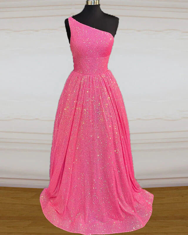 Grand Opening Sale Hot Pink Sequin Prom Dress One Shoulder Glitter Evening Dresses