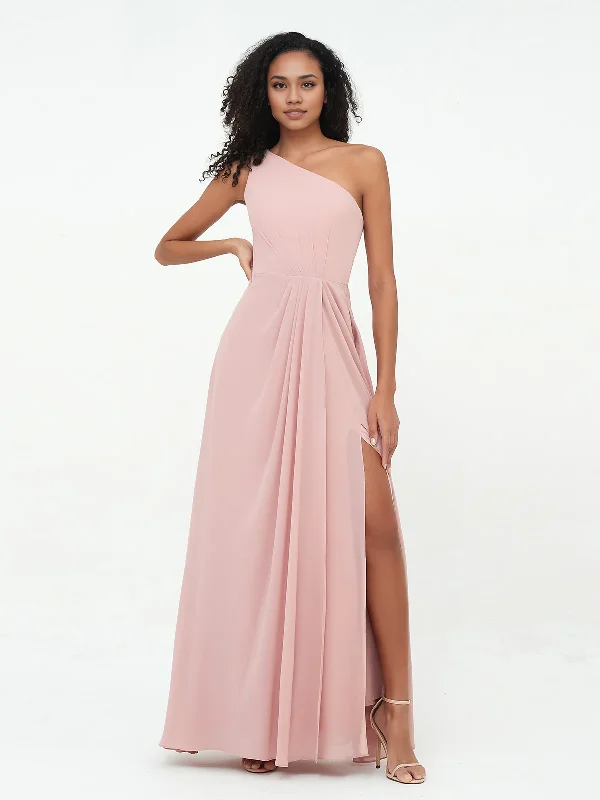Best Deals One-Shoulder Chiffon Max Dresses with Slit-Dusty Rose Chiffon Bridesmaid Dresses