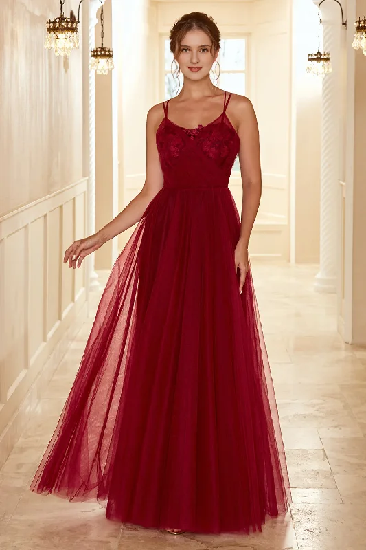 Don't Miss Wine red A Line thin shoulder lace chiffon wedding party dress