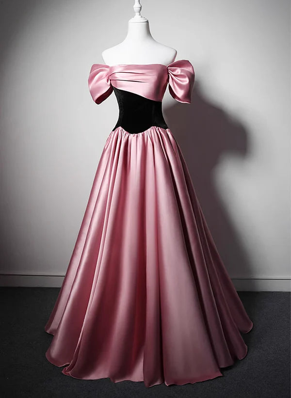 Don't Wait Off Shoulder Satin Scoop A-line Long Party Dress Pink and Black Prom Dress