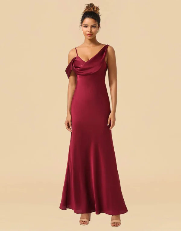 Deep Discounts Asymmetrical Shoulder Straps Floor Length Satin Bridesmaid Dress