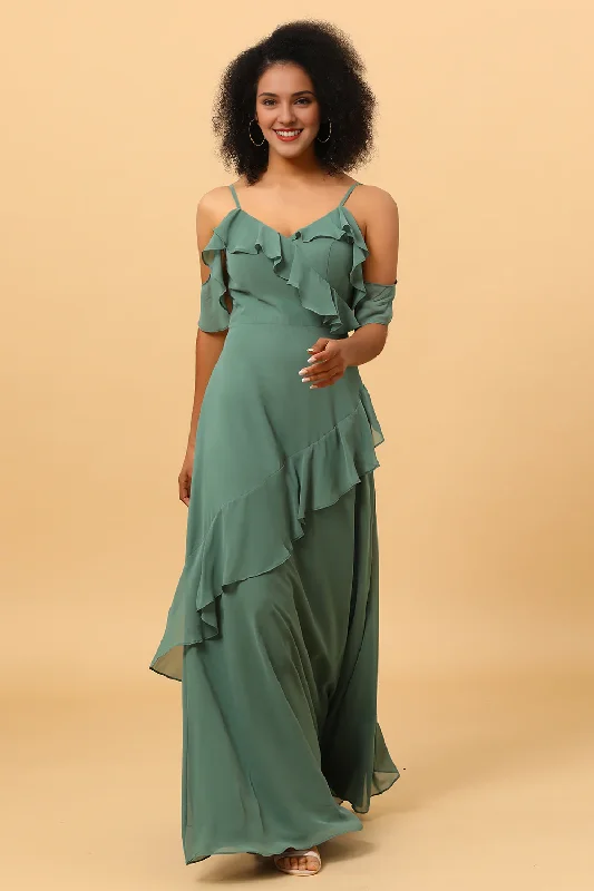 Exclusive Deal Eucalyptus fine shoulder strap ruffled chiffon long bridesmaid dress