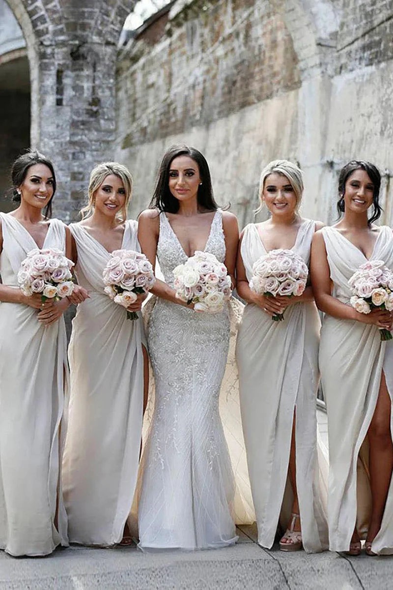 Bargain Blast Ivory Sheath Chiffon Ruched Long Bridesmaid Dress with Slit