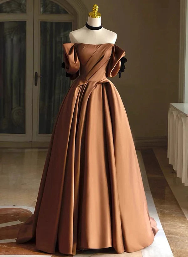 Amazing Deals A-line Ballgown Brown Satin Off Shoulder Scoop Long Prom Dress Evening Dress