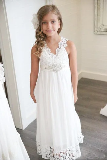 Buy More, Save More Floor-Length V-neck Boho Ethereal  Sleeveless Empire Petite Dress For Flowergirl
