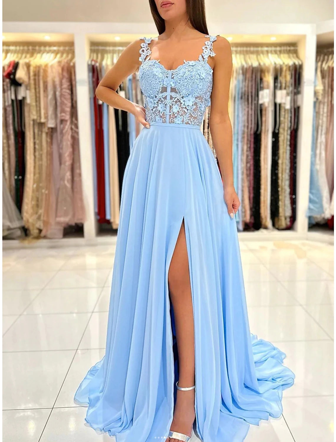 Special Buy A-Line Prom Dresses Empire Dress Formal Prom Court Train Sleeveless Spaghetti Strap Chiffon Backless with Appliques