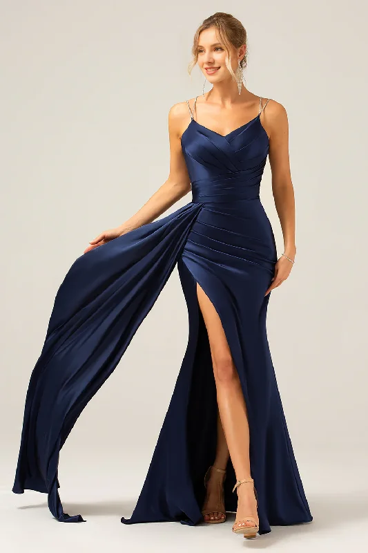 Bargain Prices Navy blue fishtail thin shoulder strap slit pleated sequin ultra long dress