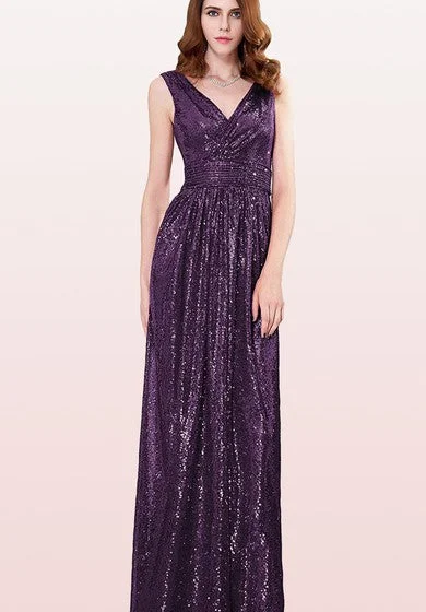 Markdowns V-neck A Line Sleeveless Floor-length Sequins Bridesmaid Dress With Ruching