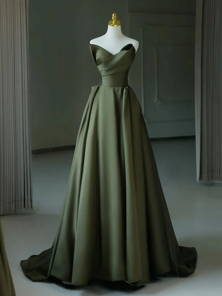 Stock Up and Save A-Line V Neck Satin Green Long Prom Dress Court Train Dresses