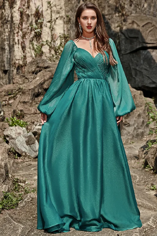 Hurry In Green ruffled A-line off shoulder long sleeved bridesmaid dress