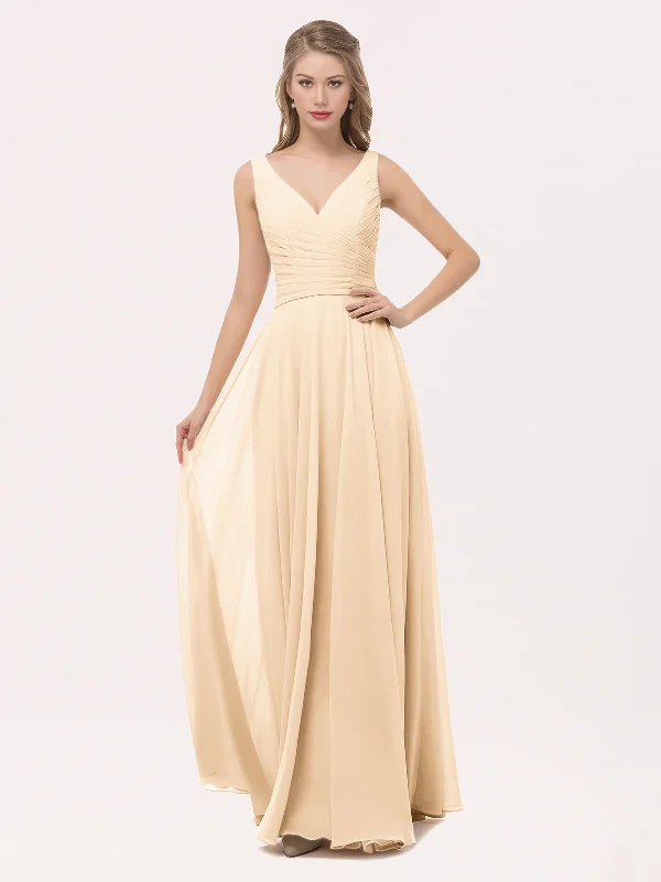 Final Sale V Neck Long Floor-length Chiffon Dress Bridesmaid Dresses with Bow Peach