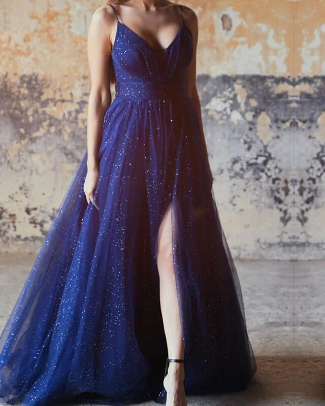 Lowest Prices Sparkly Navy Blue Tulle V-neck Lace Up Back Split Dress A-Line Princess Prom Dresses Lowest Prices Sparkly Navy Blue Tulle V-neck Lace Up Back Split Dress A-Line Princess Prom Dresses