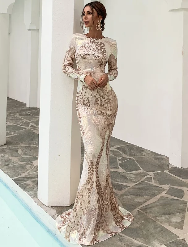 Closeout Evening Gown Sexy Dress Formal Long Sleeve Polyester Backless with Sequin