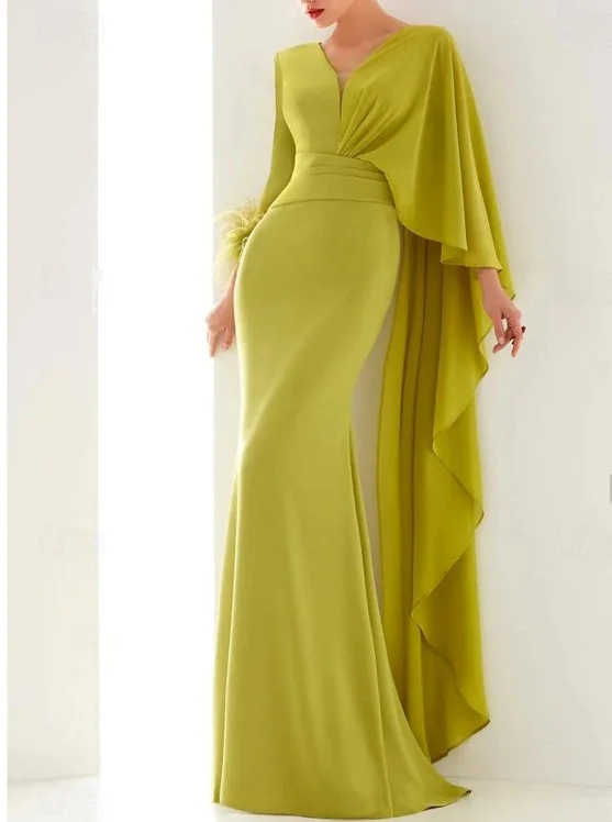 Limited Edition Mermaid / Trumpet Evening Gown Elegant Dress Floor Length Long Sleeve V Neck Chiffon with Feather Limited Edition Mermaid / Trumpet Evening Gown Elegant Dress Floor Length Long Sleeve V Neck Chiffon with Feather