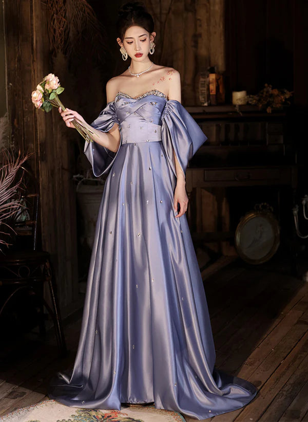 Today Only A-Line Light Purple Satin Beaded Off Shoulder Prom Dress Evening Dress
