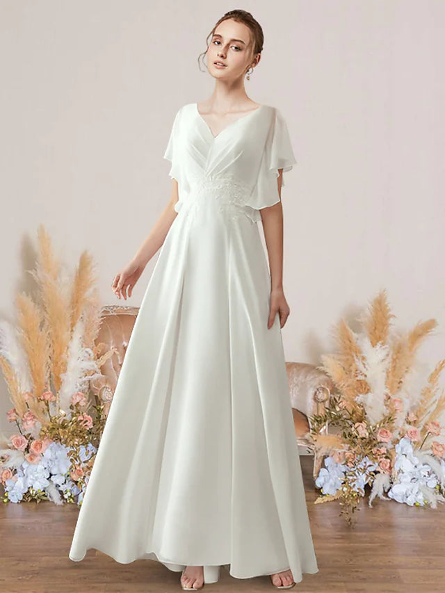 Low Prices Casual Wedding Dresses Floor Length A-Line Short Sleeve V Neck Chiffon With Pleats Appliques