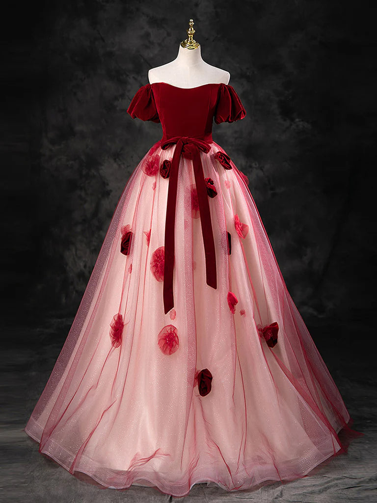 Discount Mania Burgundy A-Line Tulle Long Prom Dress Formal Dress Ballgown Quinceanera Dress