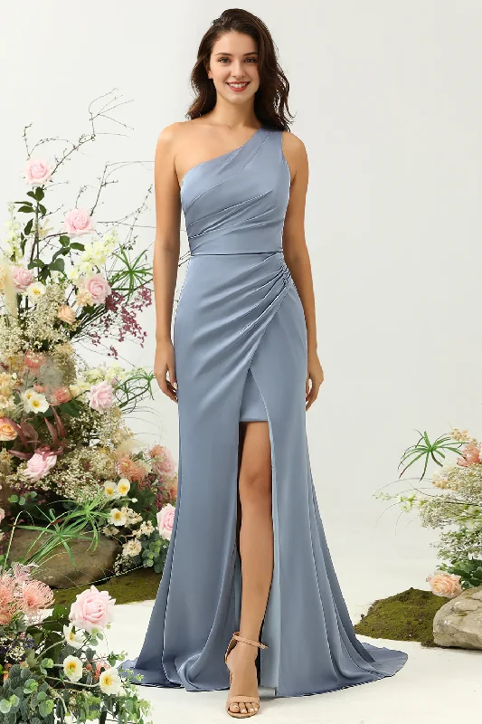Savings Galore Grey blue mermaid one shoulder pleated bright satin bridesmaid dress