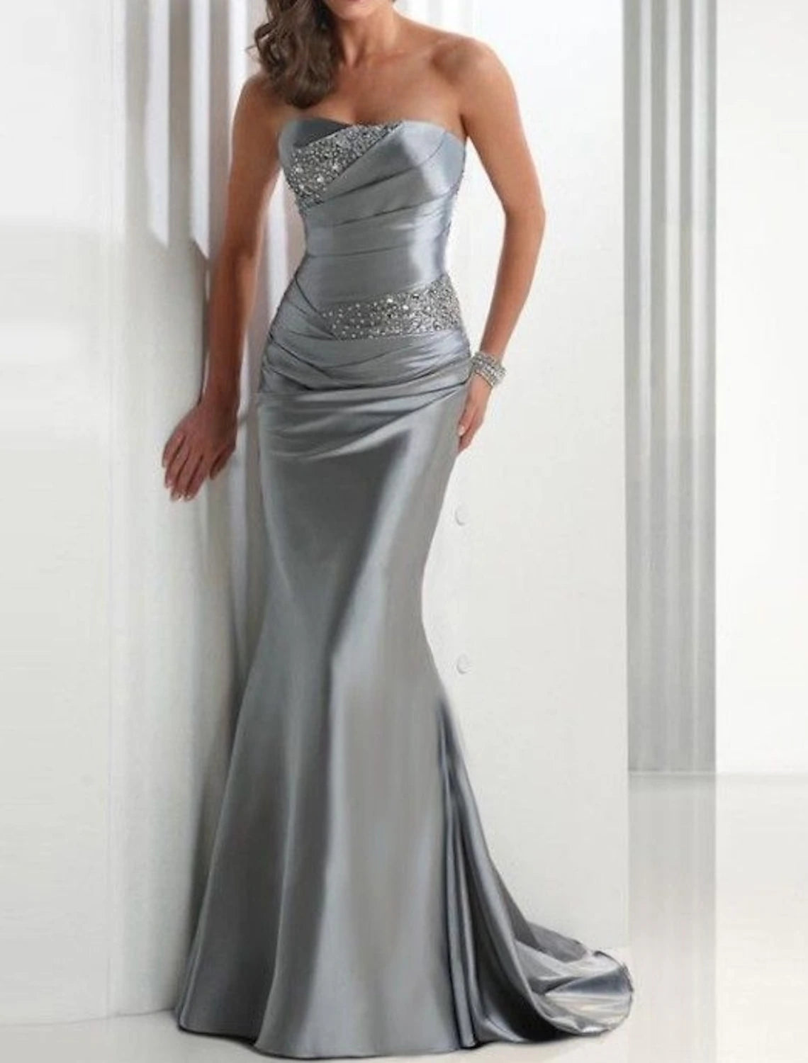 Instant Savings Mermaid Wedding Guest Formal Evening Dress Strapless Sleeveless Sweep / Brush Train Satin with Crystals Instant Savings Mermaid Wedding Guest Formal Evening Dress Strapless Sleeveless Sweep / Brush Train Satin with Crystals