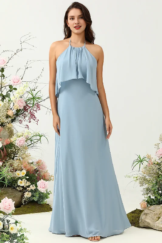 Last Chance Mist A Line Ruffle Hanging Neck Sleeveless Chiffon Bridesmaid Dress