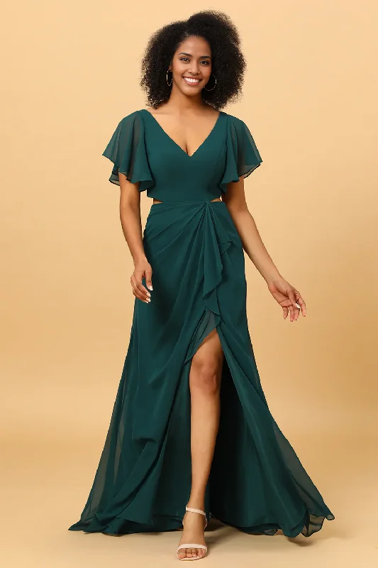 New Deals Hollow-out Chiffon Green Bridesmaid Dress V-Neck with Ruffles Sleeves