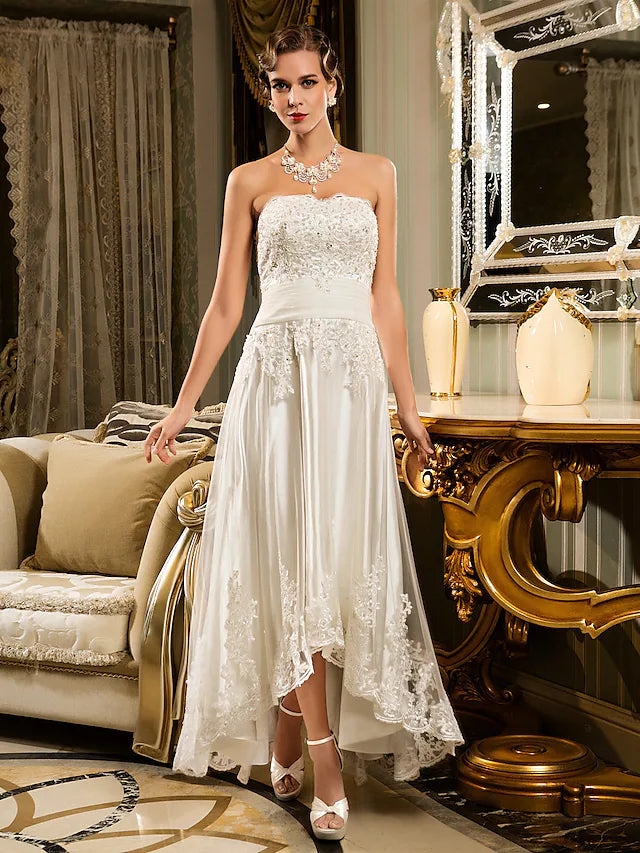 Can't Miss Open Back Little White Dresses Wedding Dresses Asymmetrical A-Line Strapless Strapless Beaded Lace With Appliques Button Can't Miss Open Back Little White Dresses Wedding Dresses Asymmetrical A-Line Strapless Strapless Beaded Lace With Appliques Button