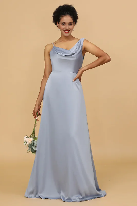 Steals and Deals Grey blue A-line asymmetrical neckline satin long bridesmaid dress